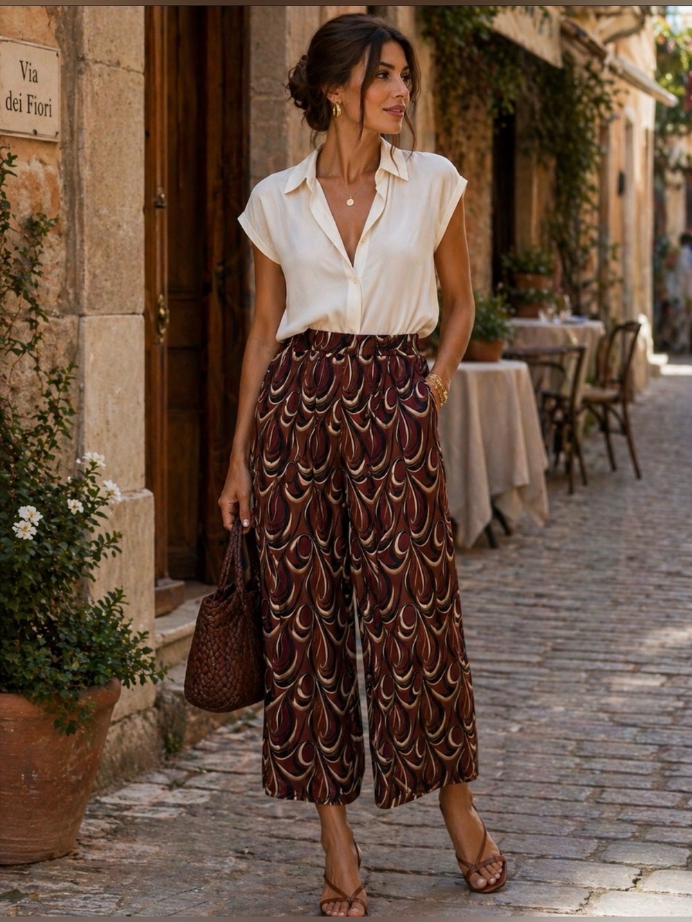eesome Brown & Cream Wide-Leg Printed Culotte Pants